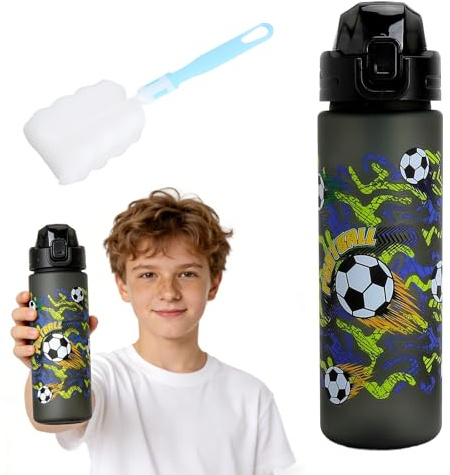 APOMOONS Vattenflaska 700 ml för Barn, Fotbollsdesign BPA-fri Plast, Läckagesäker, Öppning med en Knapptryckning, Diskmaskinsäker Dricksflaska, Kolsyra, Lämplig för Skola och Sport