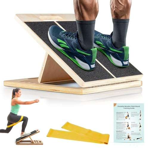 Woody Wooden Slant Board for Stretching, Adjustable Incline Calf Stretcher for Legs, Ankles & Hamstrings, Foldable Balance Board for Home Gym Rehab with Resistance Band, Carry Bag & Training Poster