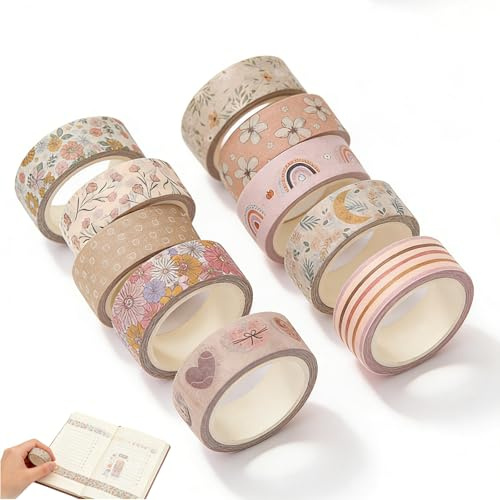 Cloxtralon Washi Tape Set de 10 rollos Boho Masking Tape Floral Cinta Decorativa para Artes, Manualidades de Bricolaje, Scrapbooking, Bullet Journal, Regalos y Decoración