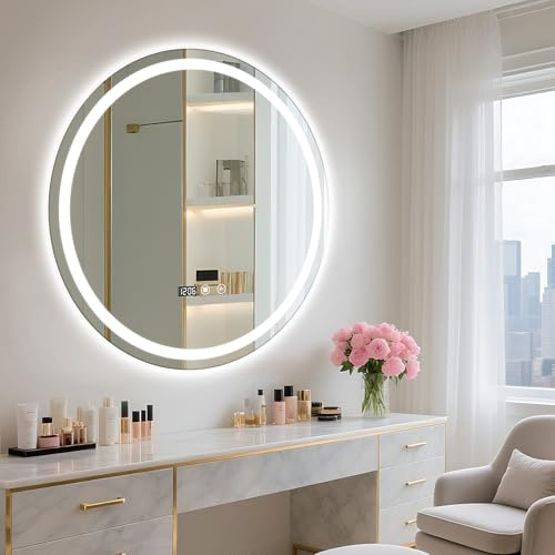 Aislerbee Miroir Salle de Bain Rond LED 60 cm - Anti-Buée, Interrupteur Tactile, Affichage Heure et Température - Miroir Mural Lumineux en Verre Trempé pour Maquillage et Vasque