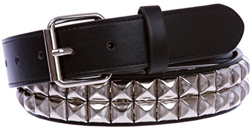 Ceinture en cuir cloutée argentée à deux rangées de style punk rock et étoile 33 mm, noir, 97 cm