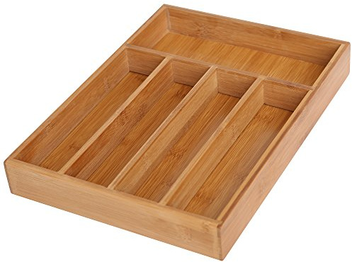 Bamboo Cutlery Tray, HxWxD: ca 5 x 38 x 30 cm, Drawer Organiser Insert, with 5 Compartments, Bamboo, Natural Brown