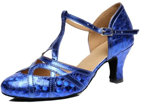 MGM-Joymod Moderna latinska dansskor med stängd tå T-rem för bröllop, fest, bal, Th101 Pu blå häl 6 cm, 37 EU
