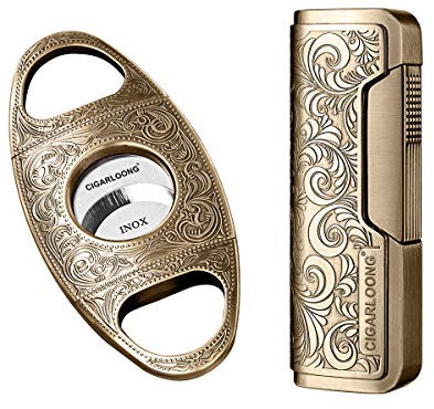CIGARLOONG Coupe Cigare et Briquet Ensemble Lame Tranchante Guillotine à Cigare Gravée et Briquet Sculpté Rétro(d'or)
