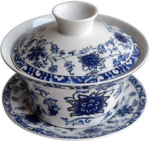 Eplze YBK Tech 10oz Large Gaiwan, Porcelain Kung Fu Tea Cup and Saucer with Lid, Chinese Traditional Gaiwan, Sancai Tea Bowl (1#)