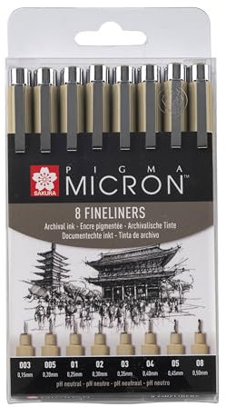 SAKURA Pigma Micron Fineliner-Set (8 Stück) | wasserfeste, permanente schwarze Tinte, verschiedene Größen Stifte zum Schreiben, Zeichnen und Tagebuch führen