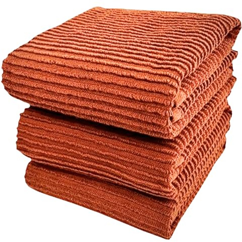 Kitchen Dish Towels for Hands Drying Cleaning Burnt Orange Rust 100% Cotton Soft Cloth Absorbent Terry Loop, Set of 3 Multipurpose Everyday Use Large Oversized 18 x 28