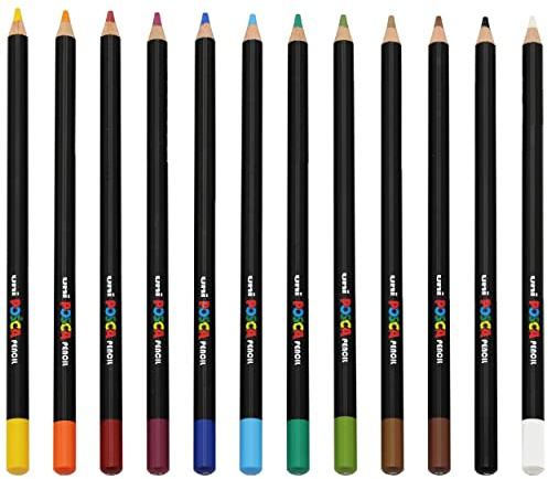 Posca Uni Crayon de Couleur - Crayons de Couleur Professionnels à l'Huile et à la Cire - KPE-200 - Pack Essentiel de 12