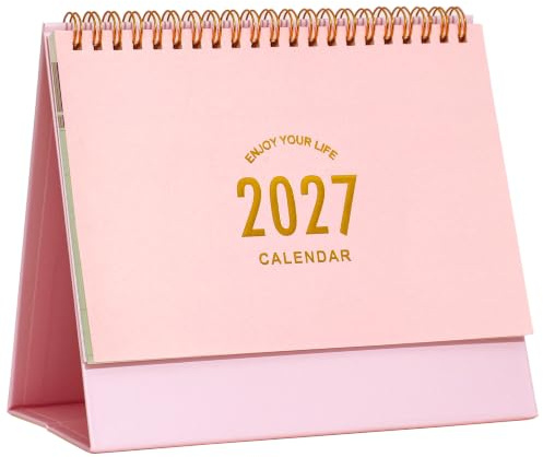 Small Desk Calendar 2026-2027, Standing Flip Desktop Calendar from January 2026 to June 2027 - Metal Ring Twin-Wire Binding Monthly Desktop Calendar for Home Office School (Pink)