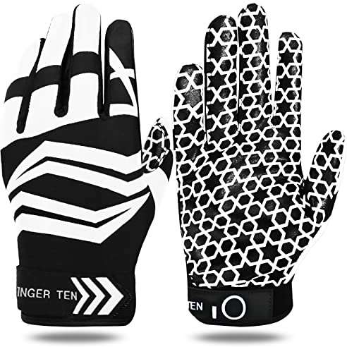FINGER TEN American Football Gloves for Men Women Ultra Tack Sticky Anti Slip Palm Sport Receiver Gloves, Rugby Gloves Professional Flexible Stretch Protection Waterproof (White, Medium)