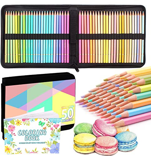 Melifluo Set med 50 pastellfärgpennor, Macaron färgpennor för vuxen färgläggning konstnär skuggning skissa och klotter med blixtlåsfodral