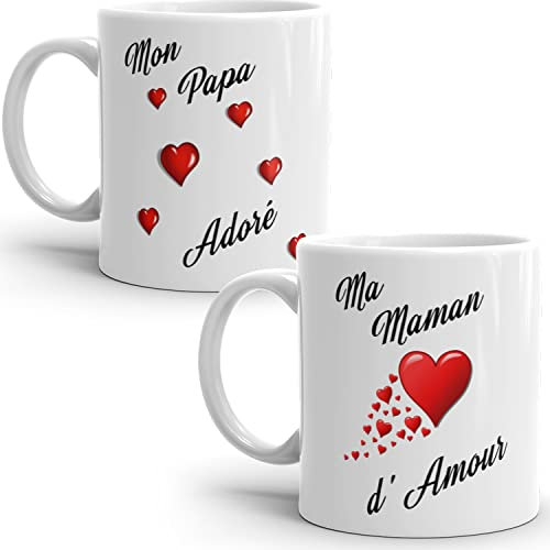 Mug duo maman papa adoré je t'aime d'amour lot 2 tasses amour haute Qualité avec coeurs Idée Cadeau Originale Famille père mère anniversaire noel fete réalisé en France