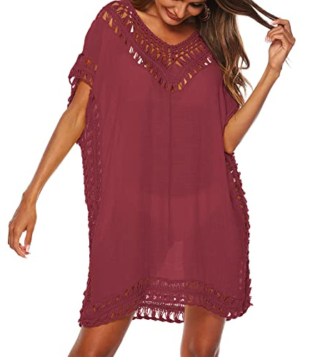 Baynetin Vestido de Playa para Mujer- Cuello en V, Manga Corta, Pareos y Camisola de Playa Sexy Hueco Traje de Baño Punto Bikini Cover up