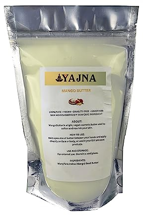 Yajna Beurre de mangue brut bio pur, hydratant naturel non raffiné pour le visage, le corps, les cheveux, crèmes, baumes, lotions, savons adoucit les peaux sèches et dures 230 g Blanc ivoire