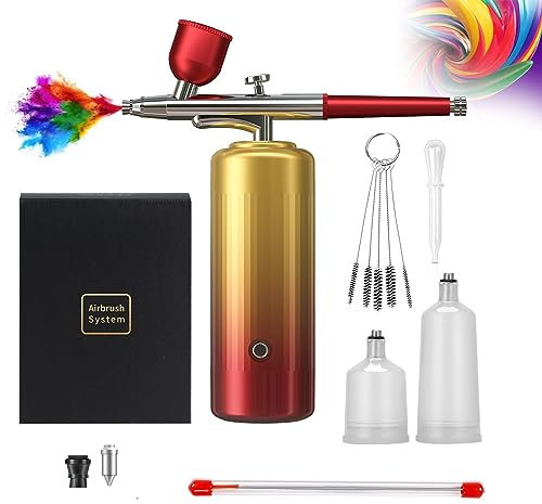 Kit d'aérographe avec kit de compresseur 32PSI Aérographe sans fil rechargeable portable double action Barbier Airbrush Compresseur pour peinture, modèle, ongles, maquillage, barbier (doré)