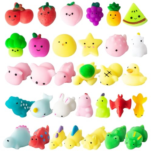 32Pcs Mochi Squishy Toys Mini Kawaii Animals Fruits Squeeze Toy Soft Squishies Stress Relief Sensory Fidget Toys Pack Kids Gifts Party Bag Fillers
