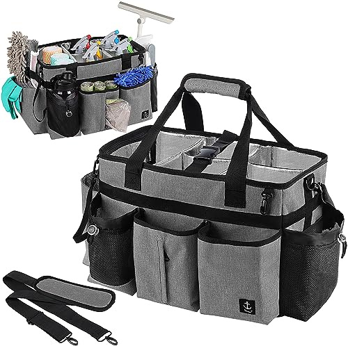 Timoxi Large Cleaning Caddy Bag Built-in Sturdy Support Board, Cleaning Organizer with Detachable Divider, Cleaning Supply Tote with Adjustable Shoulder Strap&Waist Belt for Cleaners & Housekeeper