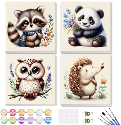 4 Pack Paint by Numbers Kits for Kids with Wooden Frame-Cartoon Animal Painting by Numbers for Kids Adults Beginners, Easy Paint by Numbers Kit Crafts for Kid Paint by Number for Wall Decor(8X8inch)