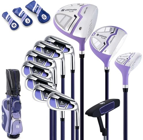 GOPLUS Ensemble Clubs de Golf pour Femmes, Driver 460CC #1, Bois de Parcours #3, Hybride #5, Fers #5#6#7#8#9#P #S, Putter, et Sac avec Capuche de Pluie (Violet)
