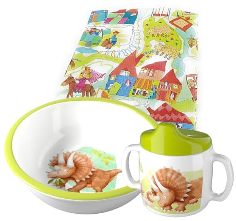 HABA Melamin-Geschirr-Set Dino für Kinder - Dinosaurier-Design - Trinklernbecher und Schüssel - Spülmaschinenfest