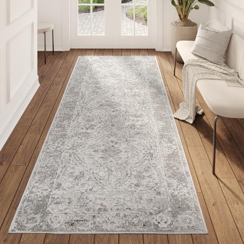 TAPISO Valley Teppichläufer Vintage, Kurzflor Hellgrau Blumen Kreis Rahmen Used Effekt Meliert Verwischt, für Flur, Wohnzimmer, Schlafzimmer, Esszimmer – Eleganter TeppichLäufer – 120 x 300 cm