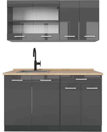 Vicco Küchenzeile R-Line, Anthrazit Hochglanz, 140 cm, AP Eiche, zur flexiblen Erweiterung mit weiteren Modulen geeignet