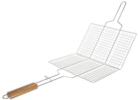 Double Grille Barbecue Rectangle 34x22 cm en Acier Chromé avec Manche en Bois – Parfait pour des Grillades Maîtrisées