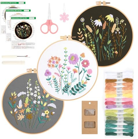 GlasFlength Juego de bordado para adultos, juego de bordado para principiantes, diseño de flores, plantas, kit de bordado de punto de cruz, juego de punto de cruz con marco de bordado de plástico
