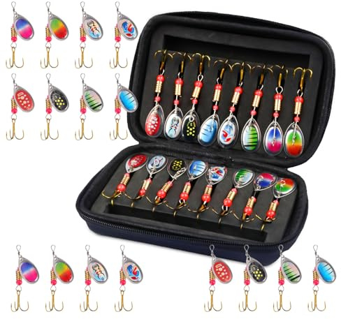 Spinnare med konstbete, set med 16 stycken, fiskedrag, blinkers/spinnare/wobbler-set fiskeset med bärväska för öring, abborre, gös, lax, gädda, valleye