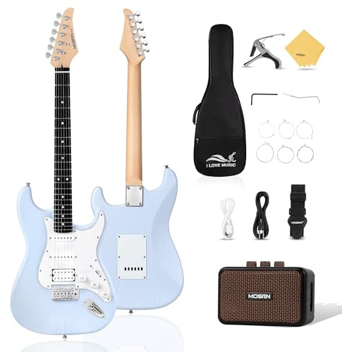 Mosen 39 Inch Electric Guitar with HSS Pickups & Single-Coil Tremolo System - with 5W Amp, Techwood Fingerboard, C-Shaped Satin Neck, All Accessories Included Gig Bag, Tuner, String, Capo, Strap