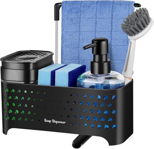 Jabonera Cocina Negro 5 en 1, Organizador de Fregadero Negro con Bandeja y Soporte para Esponja, detergente Recargable，Dispensadores de Bomba de jabón y Porta esponjas