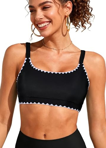 2026 Fashion Sports Swim Bra Classic Bikini Tops for Women Bathing Suits Top with Padded Crop Swimsuit Black Trim M