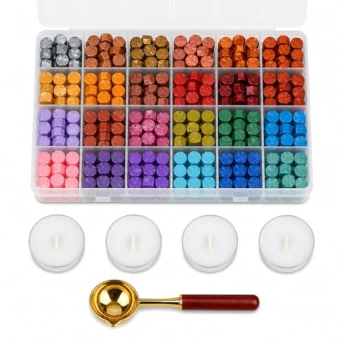 Novocloud 600 Pièces Perles de Cire à Cacheter, 24 Couleurs Perles de Sceau Cire Kit avec 4 Bougies 1 Cuillère, Cachets de Cire Octogonaux pour Lettres Emballages Cadeaux et Créations DIY
