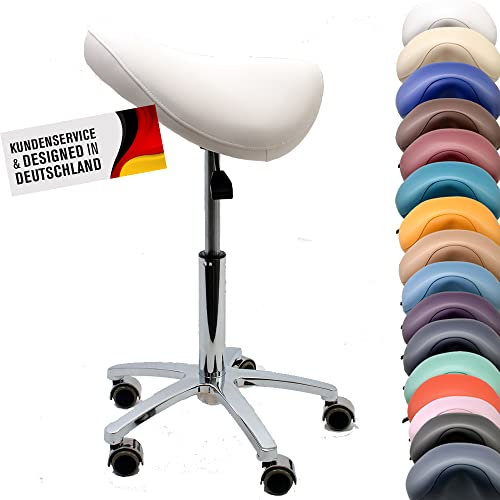Promafit Sattelhocker/Sattelstuhl mit Gummirollen für alle Böden und Metallfuß - ergonomisch - stufenlos höhenverstellbar - viele Farben - 360° drehbar (Weiß, Ohne Fußring)