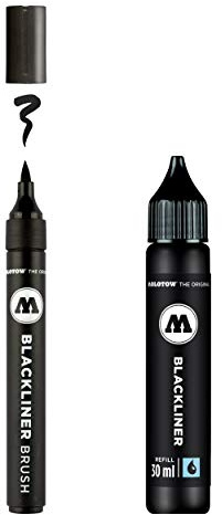 Molotow Blackliner Brush and Refill (1 pincel Blackliner Brush con punta de pincel y 1 recambio de 30 ml, tinta altamente pigmentada, permanente, indeleble para documentos), color negro