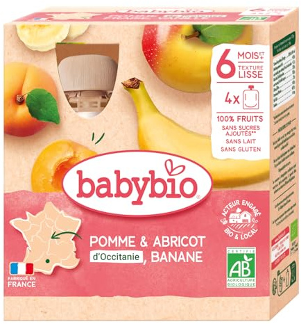 Babybio - Gourdes Fruits - Pomme Abricot d'Occitanie Banane 4x90 g - 6+ Mois - BIO