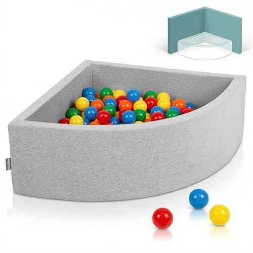 KiddyMoon Piscina di Palline Angolare a Quarto 90x30cm con 200 Palline 7cm Piscina in Schiuma per Neonati e Bambini Piccoli - Grigio Ch: Giallo Verde Blu Rosso Arancione