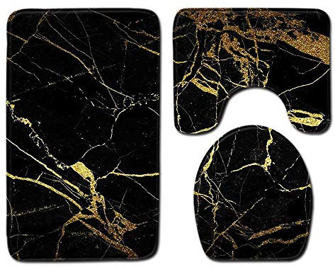 CNNINHAO rutschfeste 3 Teilig Badteppich Set, Badezimmer Teppich U-förmigen Contour Matte und WC Vorleger Badematte Soft Waschbar Badvorleger (45 x 75cm,schwarzes Gold)