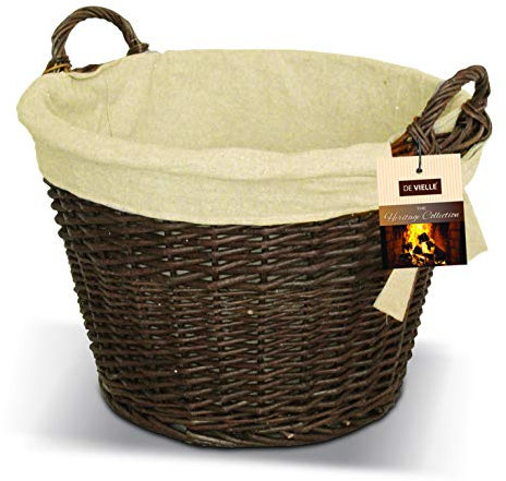 Wooden Fireside Fireplace Log Carrying Basket | De Vielle Natural Wicker Round Basket with Canvas Liner