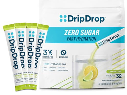 DripDrop Sugar Free Hydration Packets - Zero Lemon Lime - Single Serve Electrolytes Powder Drink Mix - Non-GMO, Gluten Free, Vegan - 32 Sticks