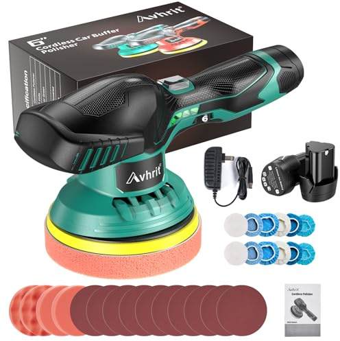 Avhrit Pulidora sin Cable para Coche, 6 Pulgadas Pulidor Inalámbrico 5000RPM Orbital 8mm con 2 Baterías 12V/ 2,0Ah y 6 Velocidades Variables Manual en Castellano para Encerado y Pulidor de Coche