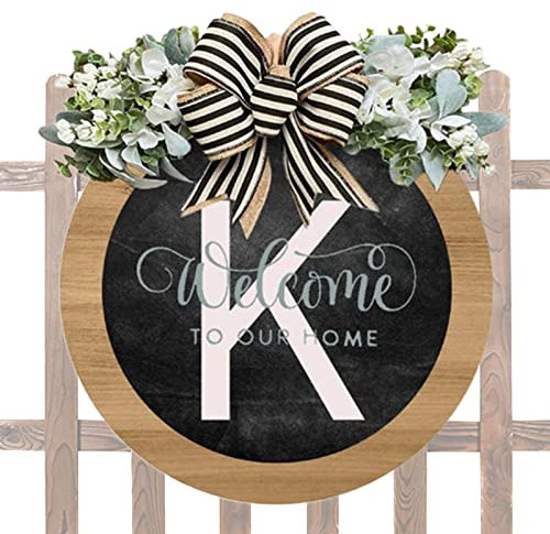 Panneau de bienvenue pour porte d'entrée – Nom de famille – Couronne de porte d'entrée ronde en bois – Décoration de porte extérieure, ferme, porche, pour le printemps, l'été, l'automne et toutes les