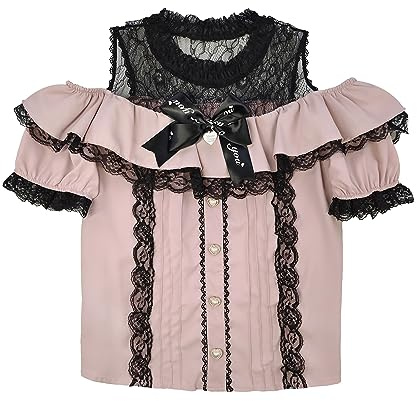 Cuteighteen Lolita - Camisa de manga corta con hombros descubiertos para mujer, blusa de manga corta transparente con encaje y botones de volantes vintage, Rosado, Medium