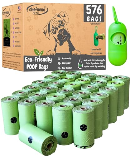 Biodegradable Dog Poop Bags with Dispenser (576 Bags) Eco-friendly doggy poop Pickup Bags 32 Refill Rolls Eco Dog Waste Bags Cat Litter Clamps & Poop Bags (32 Rolls, Uscented)