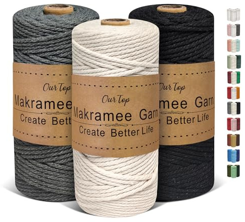 OurTop 3 Rolls Premium Macrame Cord, 3mm x 100m Braided Macrame Rope Twisted Cord Yarn Macrame Yarn Thick Rope for Wall Hangings, Plant Hangers, DIY Crafts(Beige, Grey, Black)