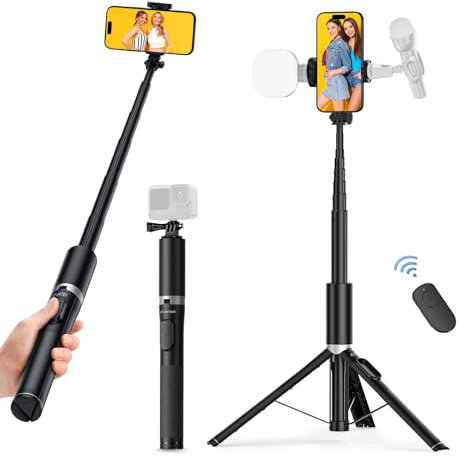 ATUMTEK 179cm Perche a Selfie, Selfie Stick Trépied avec Télécommande pour iPhone, Smartphones Android et Go Pro Caméras, Trépied Téléphone en Aluminium avec 2 Cold Shoe pour Lumière et Mic, Noir