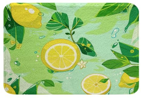 Homewish Gelbe Zitrone Bad Matte Tropische Frucht Bad Teppiche 40Bx60L,Weiße Blume Tür Matte Chic Floral Badezimmer Matte Grünes Blatt Bad Teppiche Botanische Pflanze Bad Dekoration