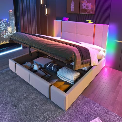 Lit Double avec Sommier LED et USB et APP, Coffre de Rangement et Tête de Lit, à Lattes, Rembourré - Beige