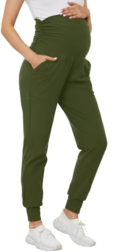 PARNIXS Women's Maternity Joggers Over Bump Stretchy Sweatpants Workout Sports Lounge Pregnancy Pants Yoga Trousers with Pockets,Army Green-M