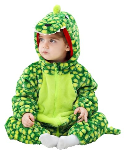 LOLANTA Babydinosaurier, drakkostym med huva, barn, flanelloverall, karnevalkostym för småbarn, Kvadratgrön, 18-24 Månader